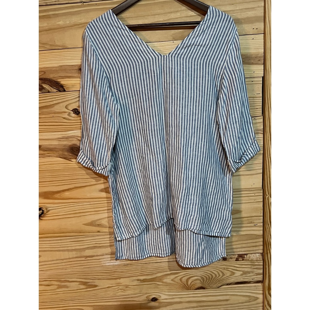 Tahari Women Blue White Stripes Linen Tunic Top Large High Low V-Neck 3/4 Sleeve